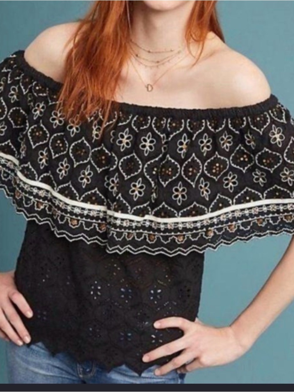 Anthro Off-Shoulder Black Embroidered Ruffle Top